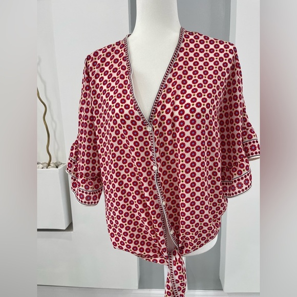 Max Studio Red and White Ruffled Tie Front Blouse - Picture 3 of 8